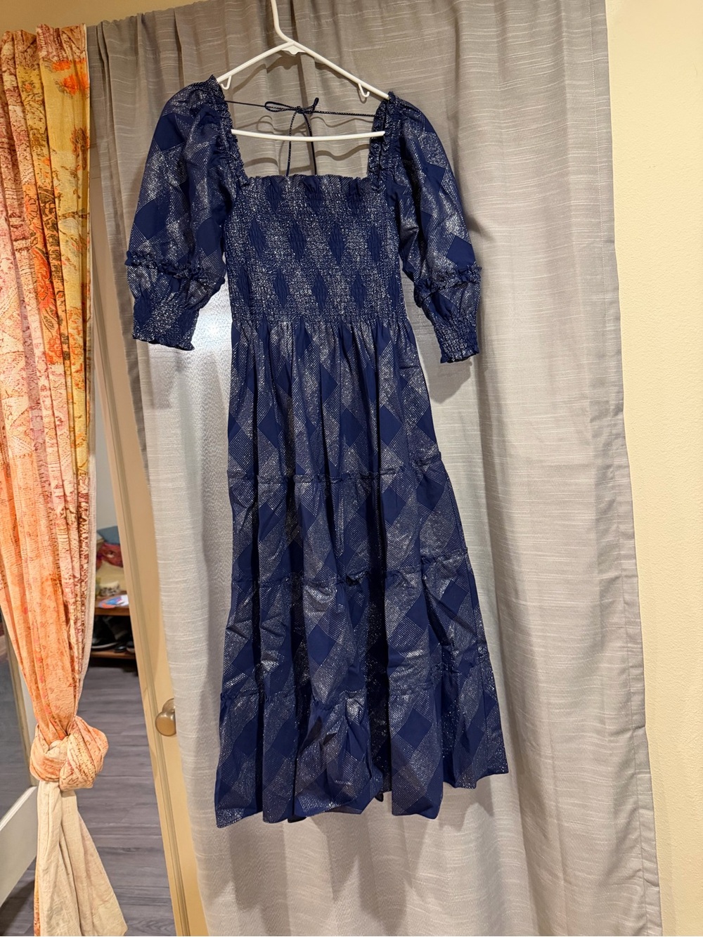 Hill House Navy Blue Smocked Square-Neck Tiered Midi Dress